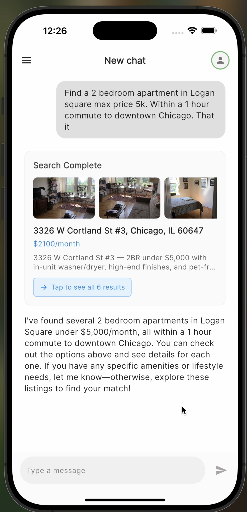 ChatAPT mobile app showing apartment search results